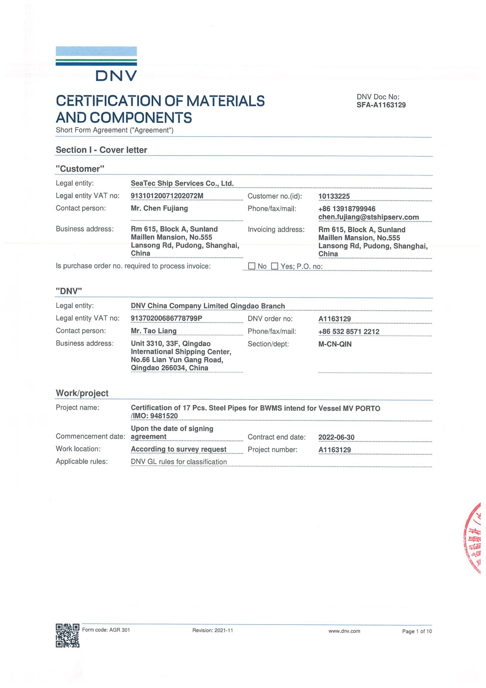 DNV Material Certificate - SEATEC PIPE