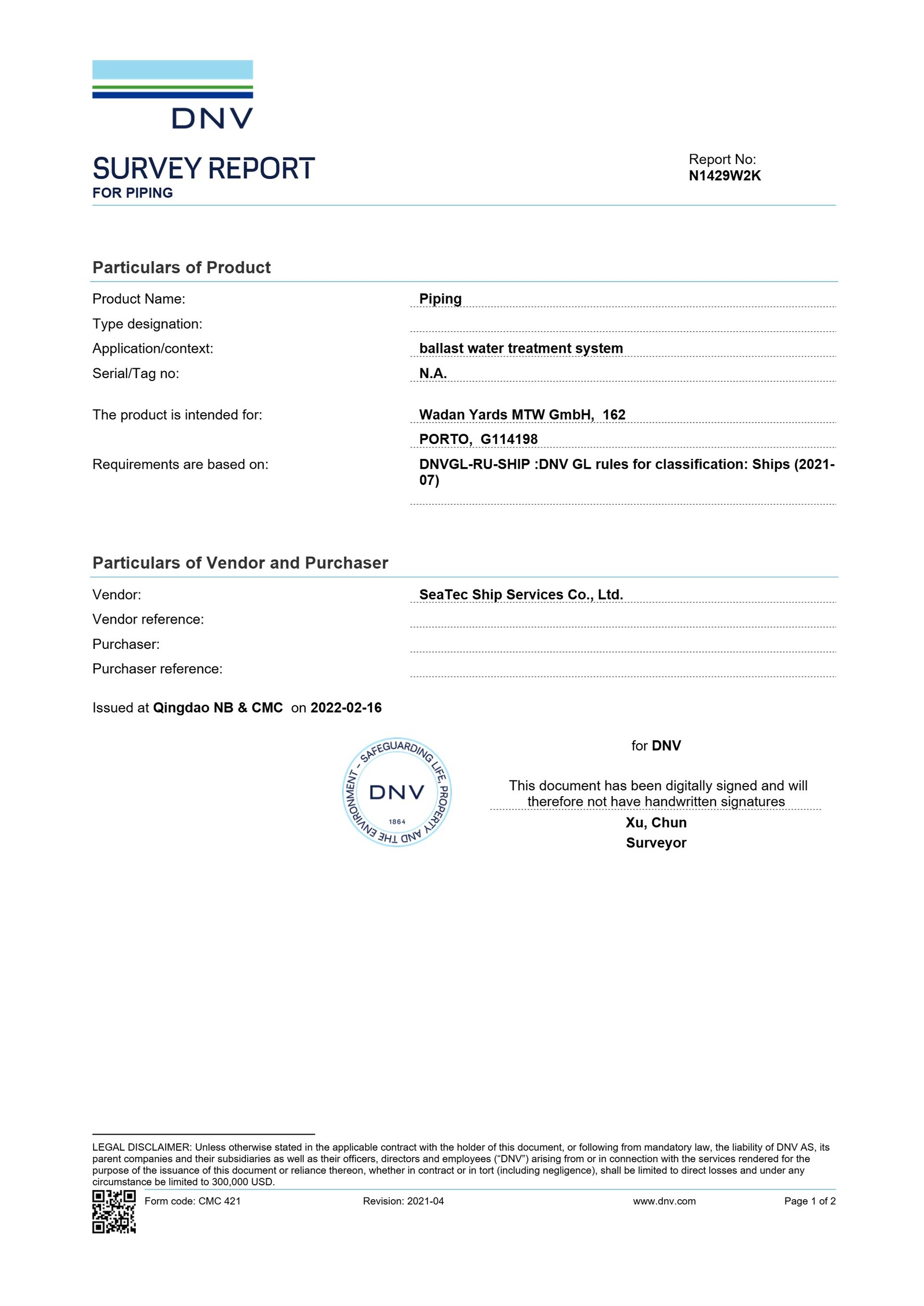 DNV Pipe Inspection Report - SEATEC PIPE