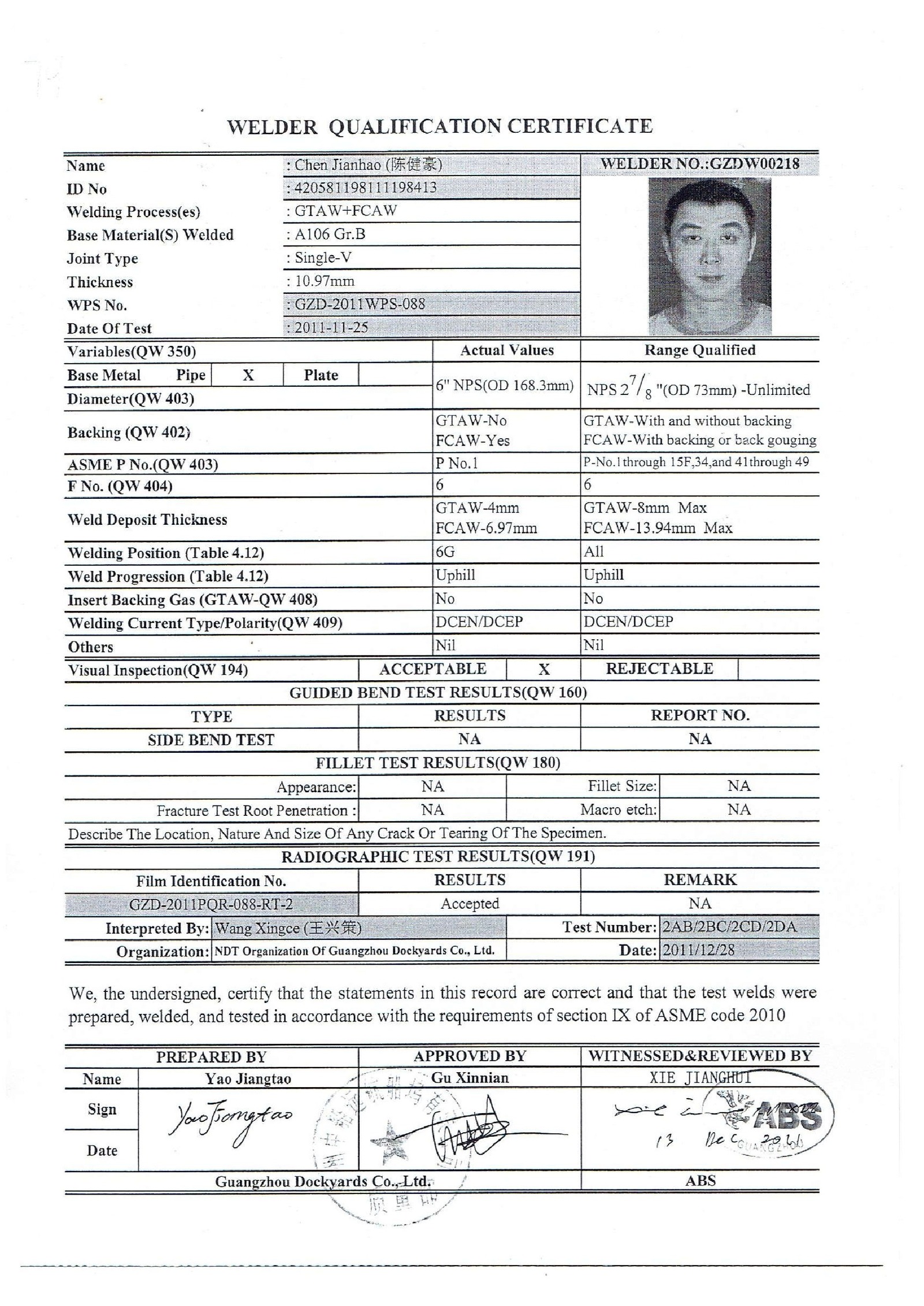 Welder Qualification Certificate - SEATEC PIPE